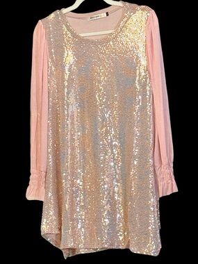 Origami Mauve Pink Sequin Lightweight Tunic Sheer Ruffle Sleeve